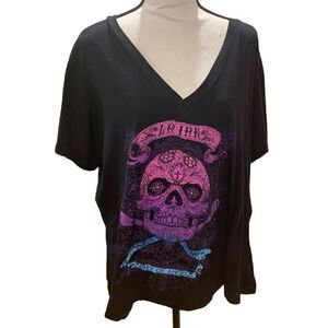 LA Ink Y2k Skull & Crossbones V-Neck Punk Goth Grunge 1/2 Sleeve Blk Pink WMN 4X